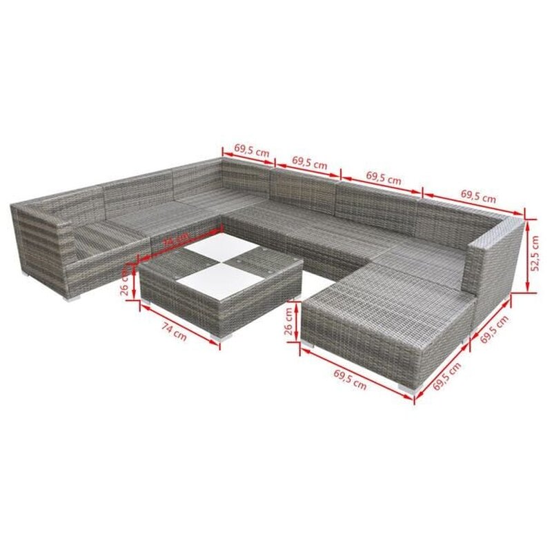 Set mobilier de gradina cu perne, 8 piese, gri, poliratan